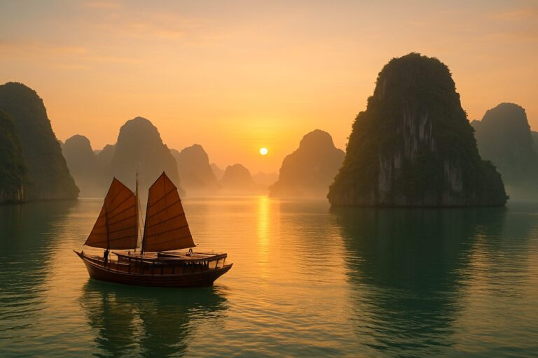 Baia di Halong in Vietnam con giunche tradizionali tra i faraglioni calcarei nella nebbia del mattino