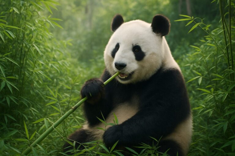 Panda gigante che mangia bambù nella base di ricerca di Chengdu