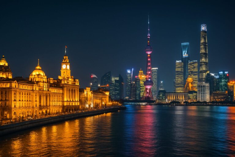 Il Bund di Shanghai illuminato la notte di Capodanno con i grattacieli di Pudong sullo sfondo