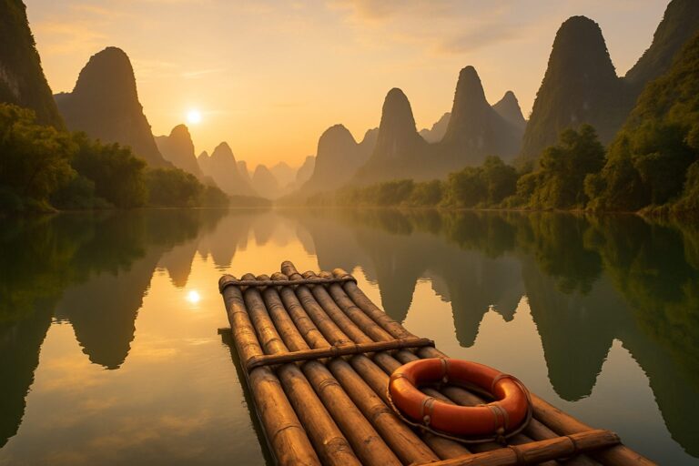 Crociera sul fiume Li tra i picchi carsici di Guilin al tramonto