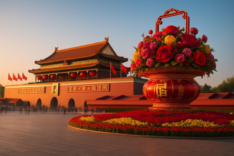 Folla di visitatori con bandiere rosse in Piazza Tian'anmen a Pechino durante la Festa Nazionale