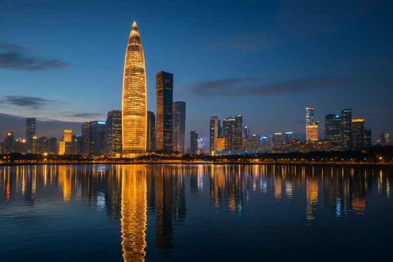 Skyline notturno di Shenzhen con il grattacielo Ping An Finance Center illuminato