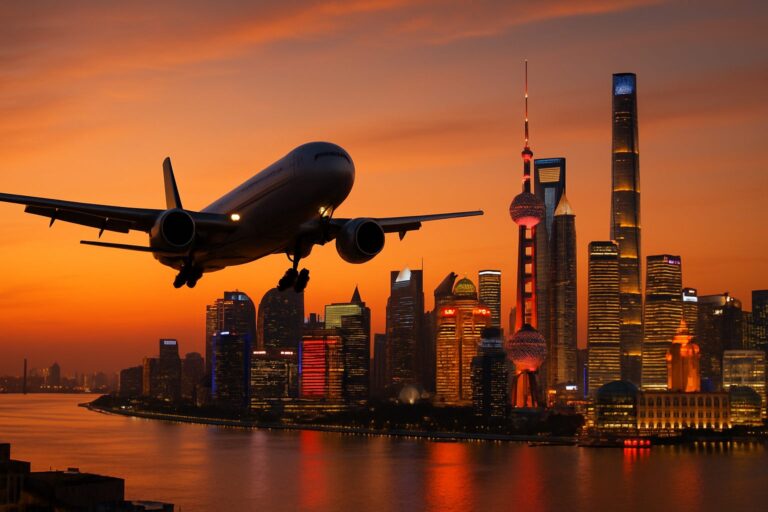 Aereo di linea in fase di atterraggio al tramonto con lo skyline di Shanghai sullo sfondo
