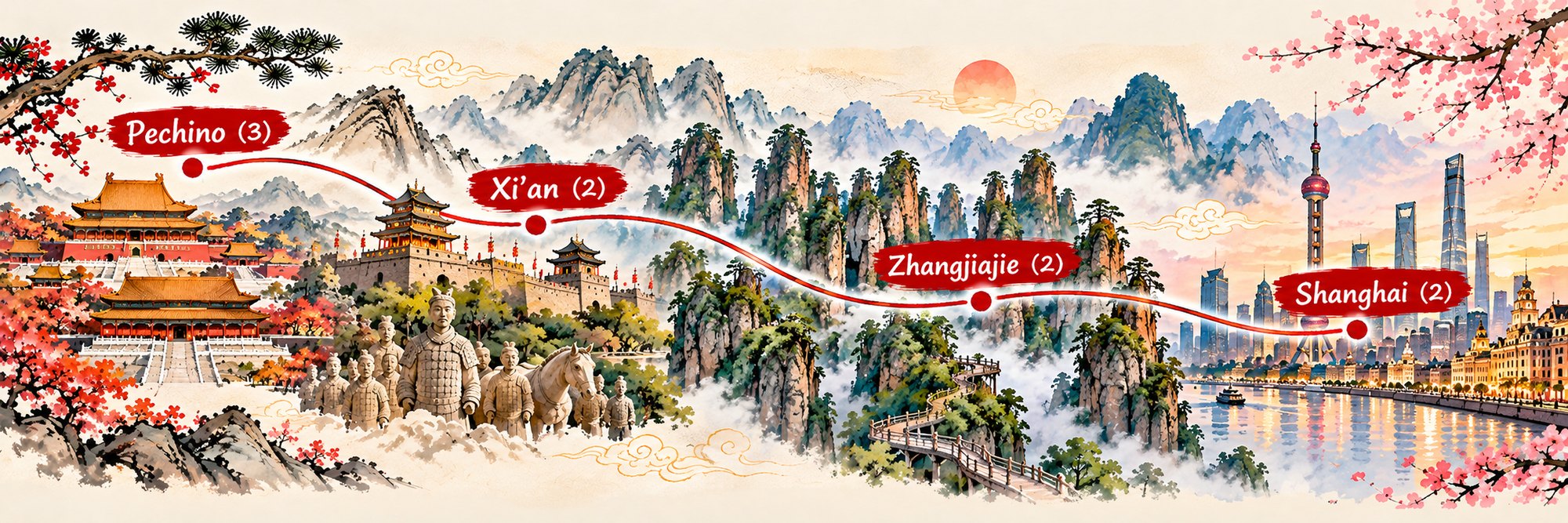 Mappa dell’itinerario Cina e le Montagne Sospese: Pechino, Xi’an, Zhangjiajie e Shanghai