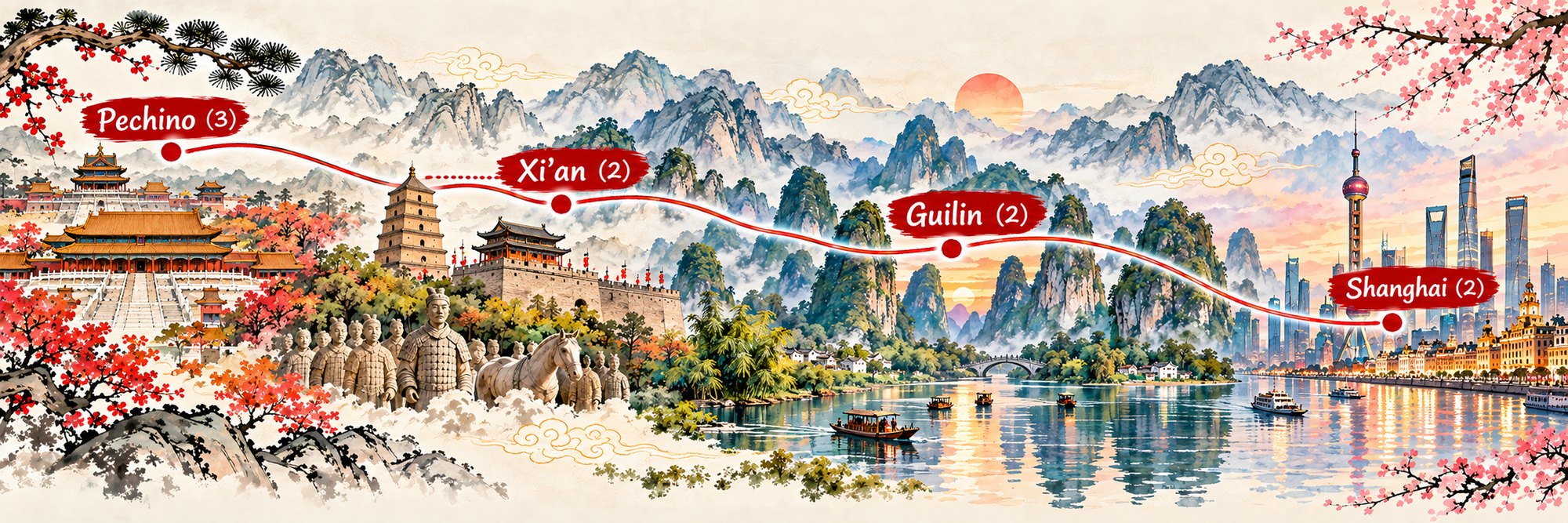 Mappa dell’itinerario Acquerelli di Cina: Pechino, Xi’an, Guilin e Shanghai