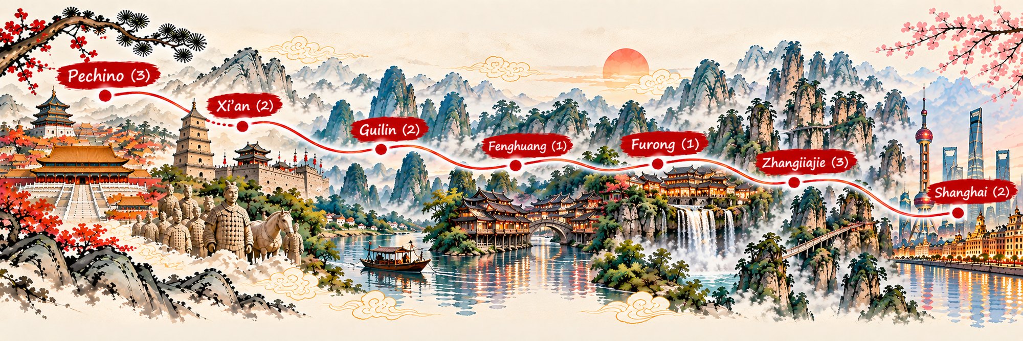Mappa dell’itinerario Cina dei Paesaggi Incantati: Pechino, Xi’an, Guilin, Fenghuang, Furong, Zhangjiajie e Shanghai