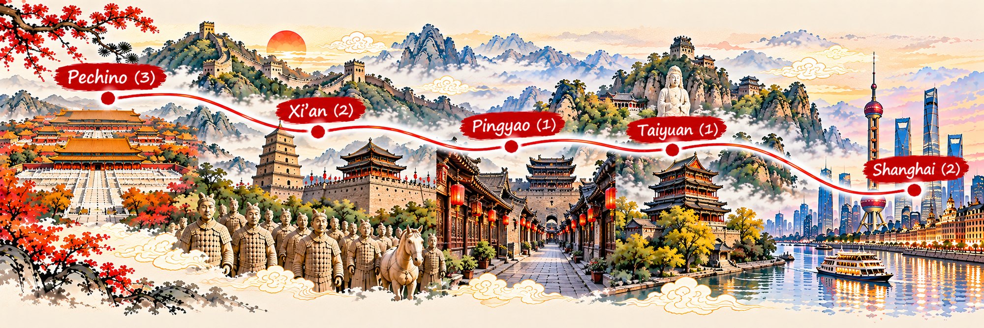Mappa dell’itinerario Cina e la Città Murata: Pechino, Xi’an, Pingyao, Taiyuan e Shanghai
