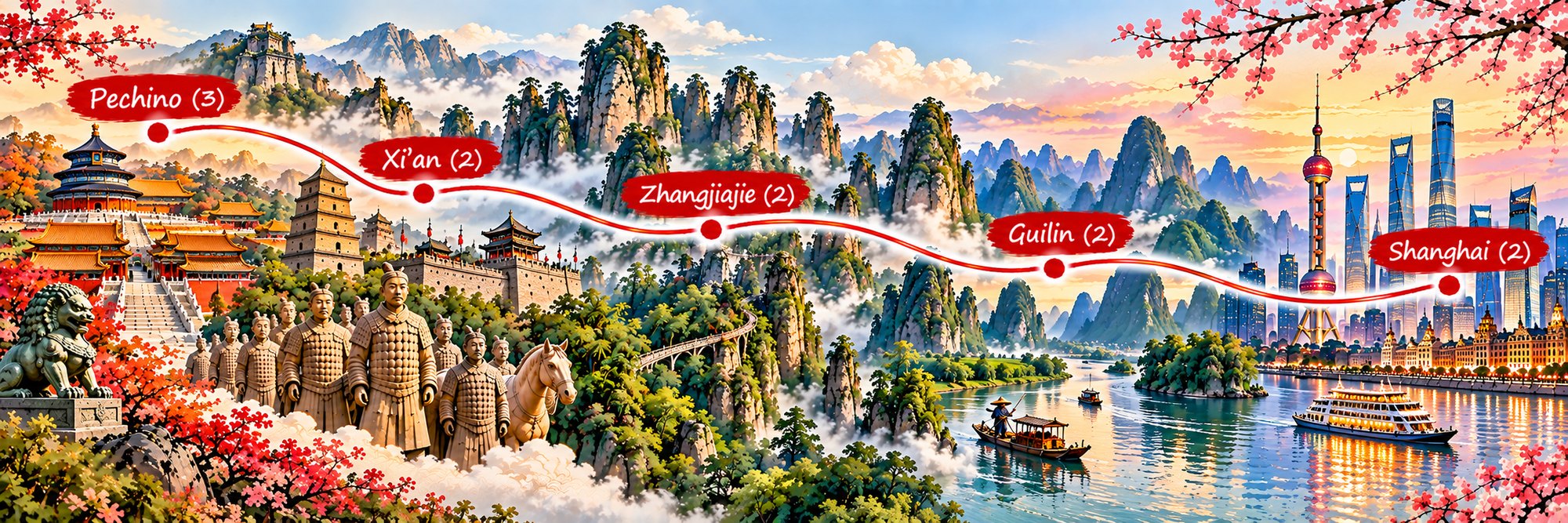 Mappa dell’itinerario Cina tra Cielo e Acqua: Pechino, Xi’an, Zhangjiajie, Guilin e Shanghai