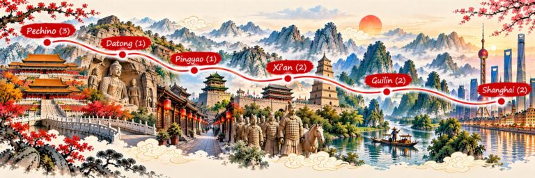 Cina delle Dinastie – mappa dell’itinerario Mappa dell’itinerario Cina delle Dinastie: Pechino, Datong, Pingyao, Xi’an, Guilin e Shanghai