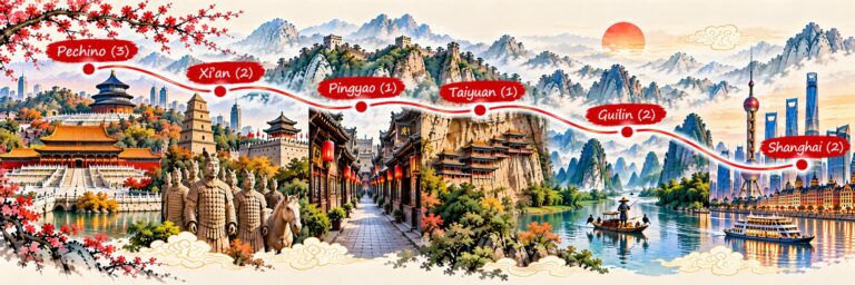 Tra Mura e Acquerelli – mappa dell’itinerario Mappa dell’itinerario Tra Mura e Acquerelli: Pechino, Xi’an, Pingyao, Taiyuan, Guilin e Shanghai