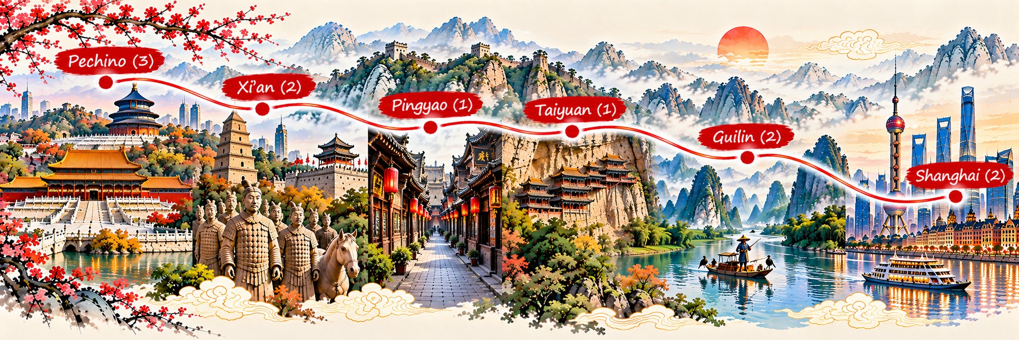 Mappa dell’itinerario Tra Mura e Acquerelli: Pechino, Xi’an, Pingyao, Taiyuan, Guilin e Shanghai