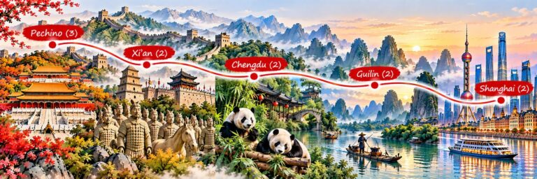 Mappa dell’itinerario Il Panda e il Fiume di Giada: Pechino, Xi’an, Chengdu, Guilin e Shanghai