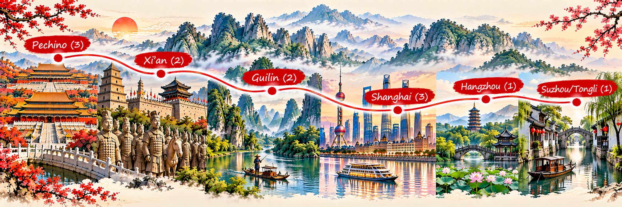 Mappa dell’itinerario Cina di Seta e d’Acqua: Pechino, Xi’an, Guilin, Shanghai, Hangzhou e Suzhou e Tongli