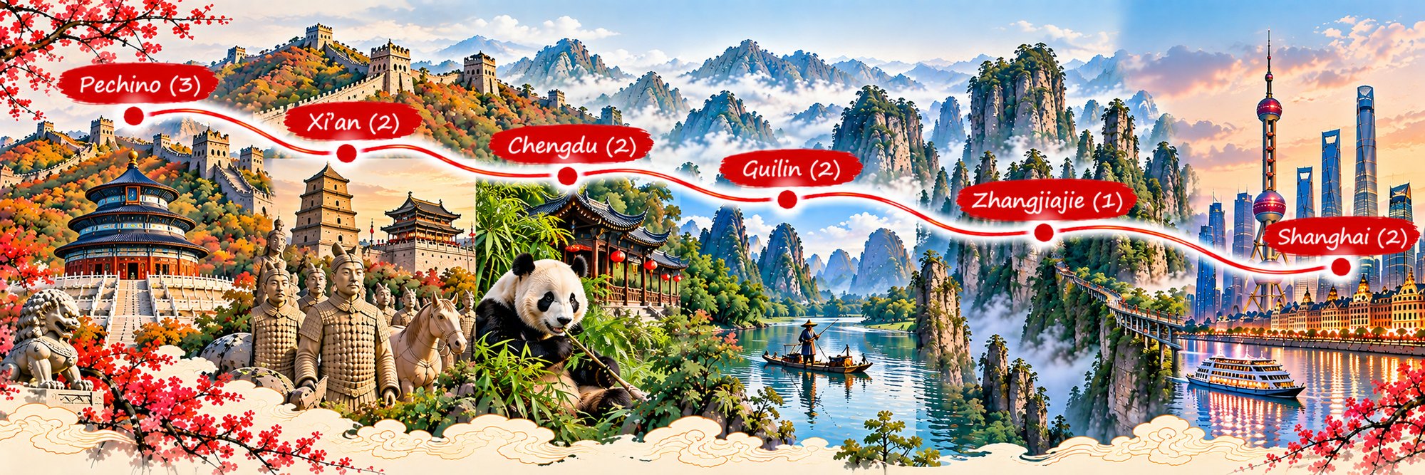 Mappa dell’itinerario Cina delle Tre Meraviglie: Pechino, Xi’an, Chengdu, Guilin, Zhangjiajie e Shanghai