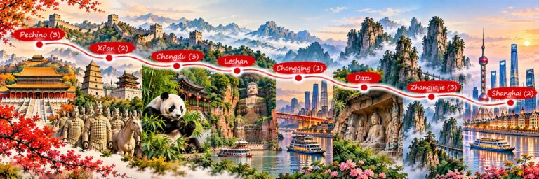 Cina dei Giganti – mappa dell’itinerario Mappa dell’itinerario Cina dei Giganti: Pechino, Xi’an, Chengdu, Chongqing, Zhangjiajie e Shanghai