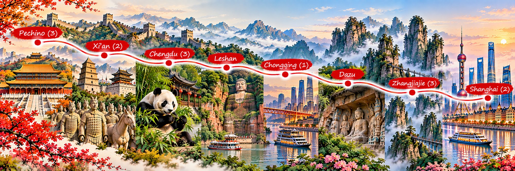 Mappa dell’itinerario Cina dei Giganti: Pechino, Xi’an, Chengdu, Chongqing, Zhangjiajie e Shanghai