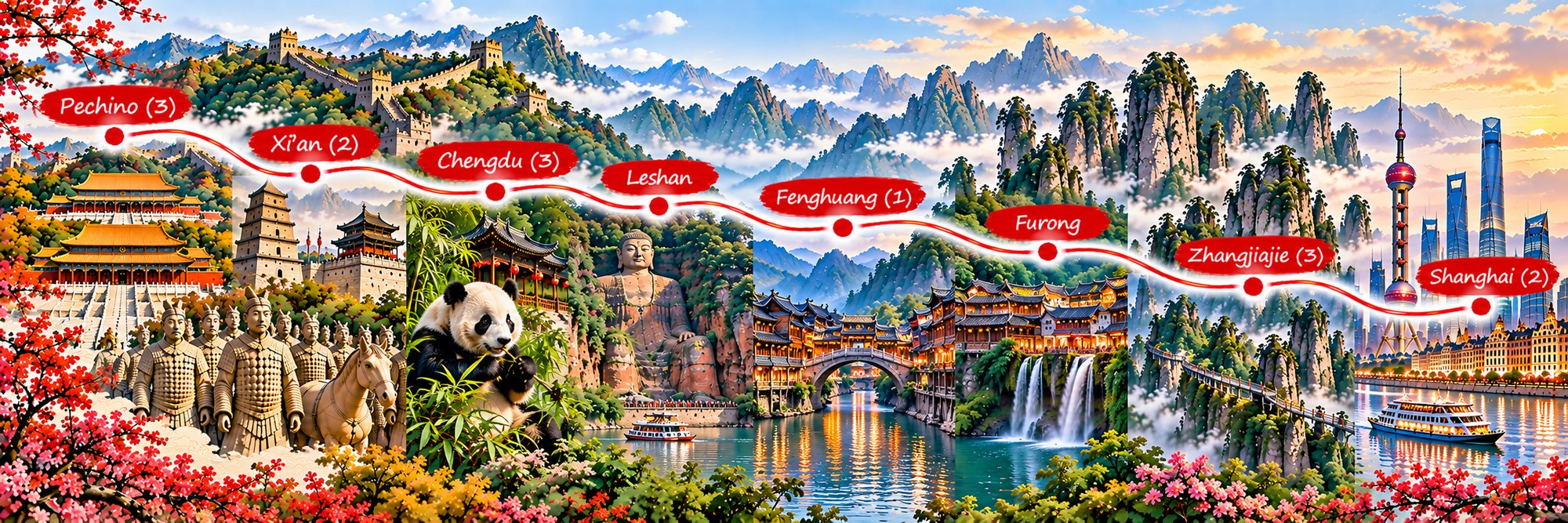 Mappa dell’itinerario Dal Panda ai Borghi Antichi: Pechino, Xi’an, Chengdu, Fenghuang, Zhangjiajie e Shanghai