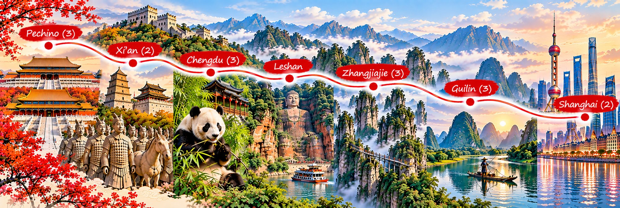 Mappa dell’itinerario Cina Senza Fretta: Pechino, Xi’an, Chengdu, Zhangjiajie, Guilin e Shanghai