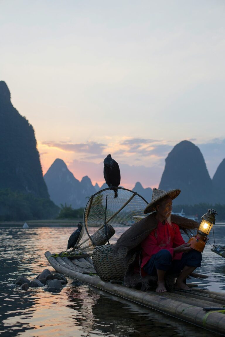 Pescatore con cormorano sul fiume Li, Guilin Pescatore con cormorano sul fiume Li, Guilin