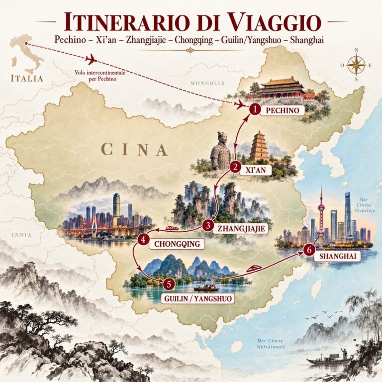 Sei volti della Cina – mappa dell’itinerario Mappa dell’itinerario Sei volti della Cina: Pechino, Xi’an, Zhangjiajie, Chongqing, Guilin e Shanghai